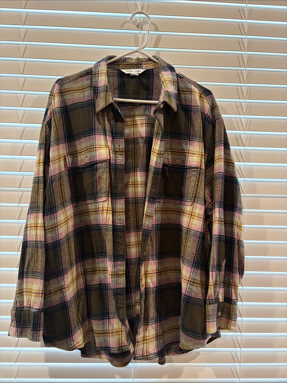Old Navy Women’s Plaid Button-Up Shirt in Olive and Pink
